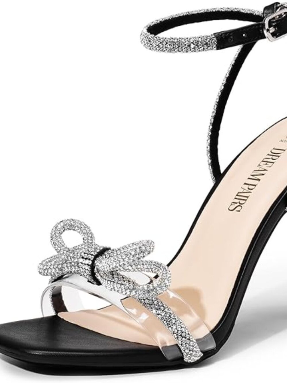 Women's Double Bowknots Crystal Sandals Clear Slingback Heels Square Toe Shoes f